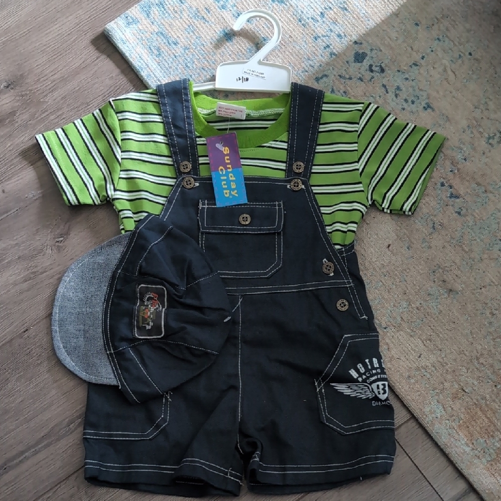Kids Black Overalls with Green Striped Shirt